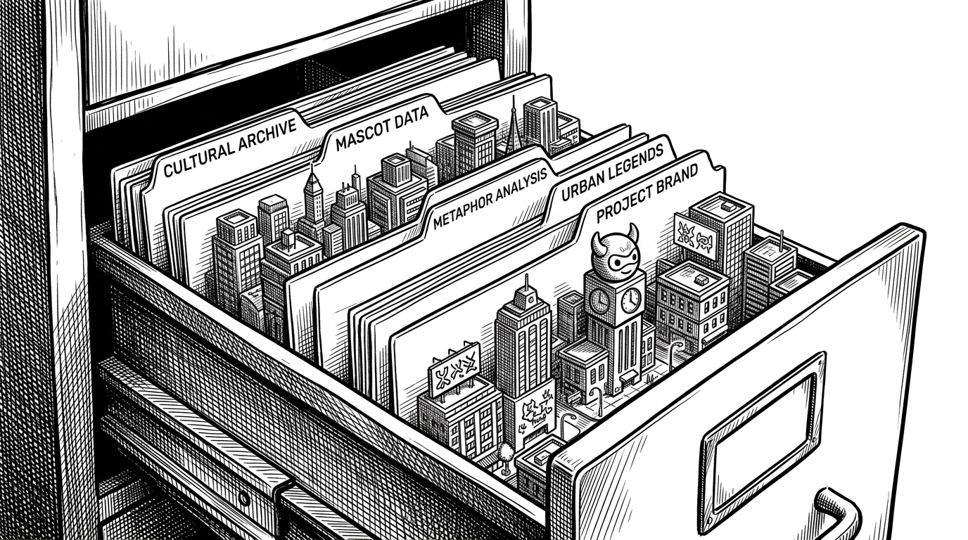 An illustration of a filing cabinet drawer containing miniature cityscapes separated by index cards.
