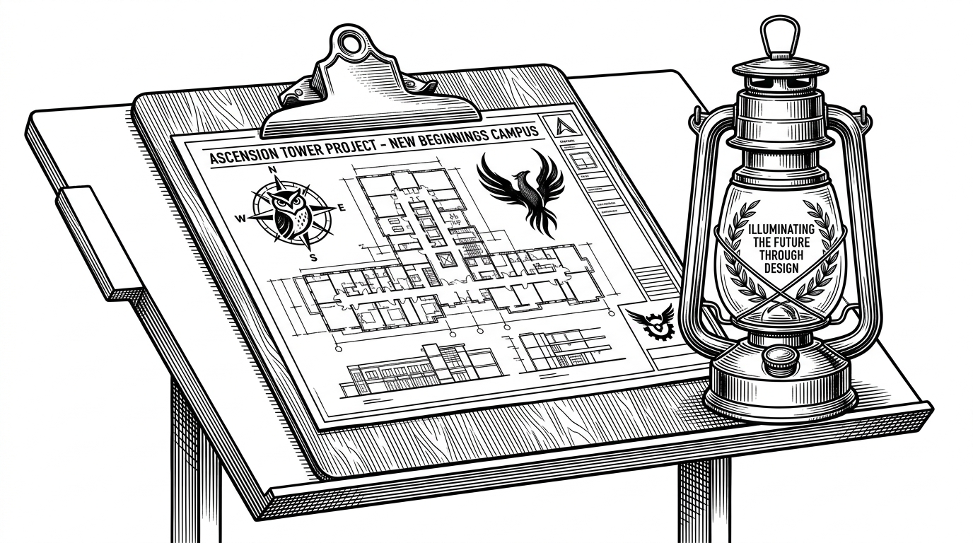 An illustration of an architectural blueprint on a clipboard next to a lantern.
