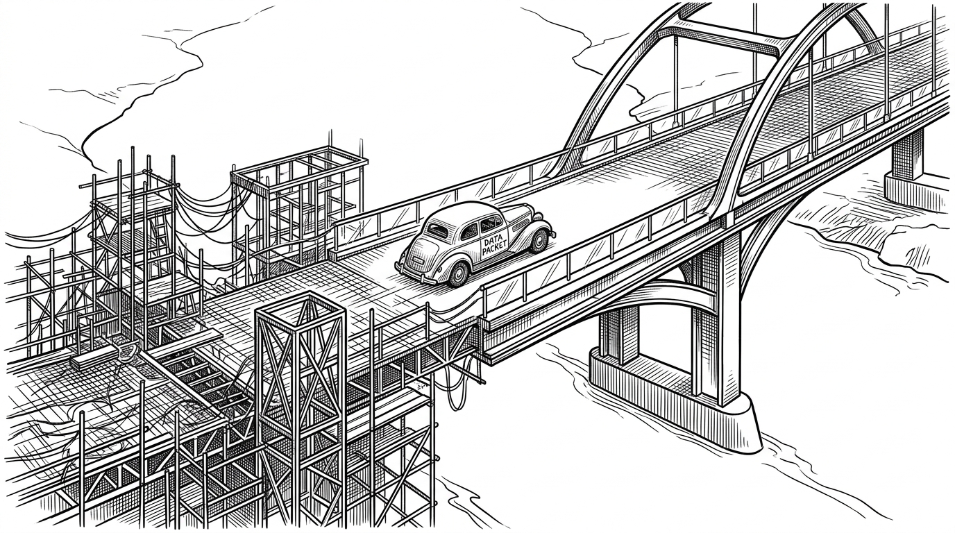 An illustration of a bridge where one half is polished steel and the other half is raw scaffolding, representing the dual-client architecture of the app.