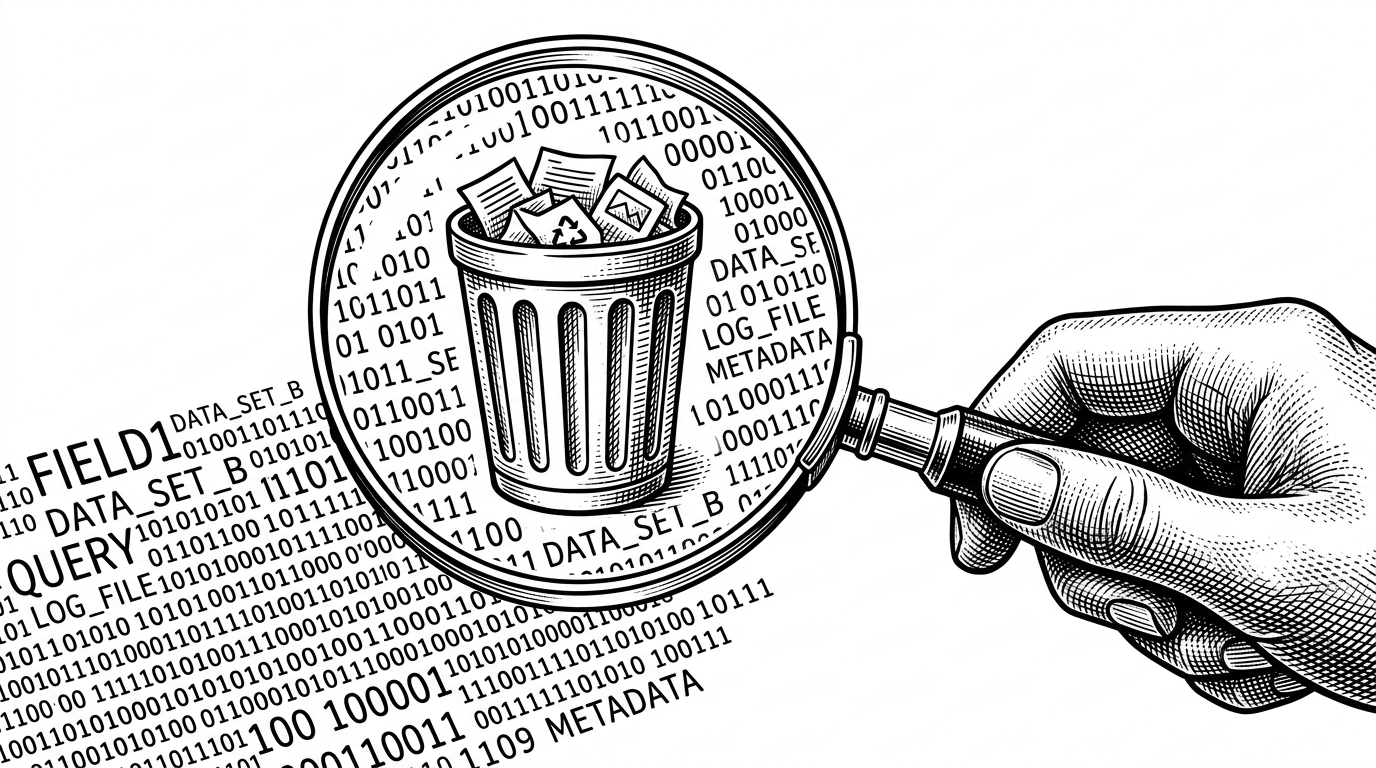 A magnifying glass hovering over a stream of binary code and generic labels, transforming them into a clear icon of a recycling bin.