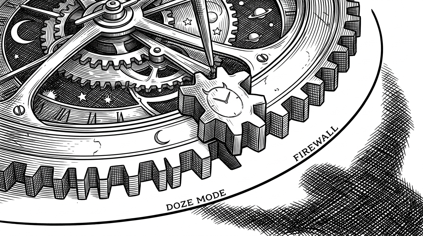 An illustration of a single gear tooth being precisely dropped into a massive rotating celestial clock. A small firewall line protects the rest of the clock from a shadow.