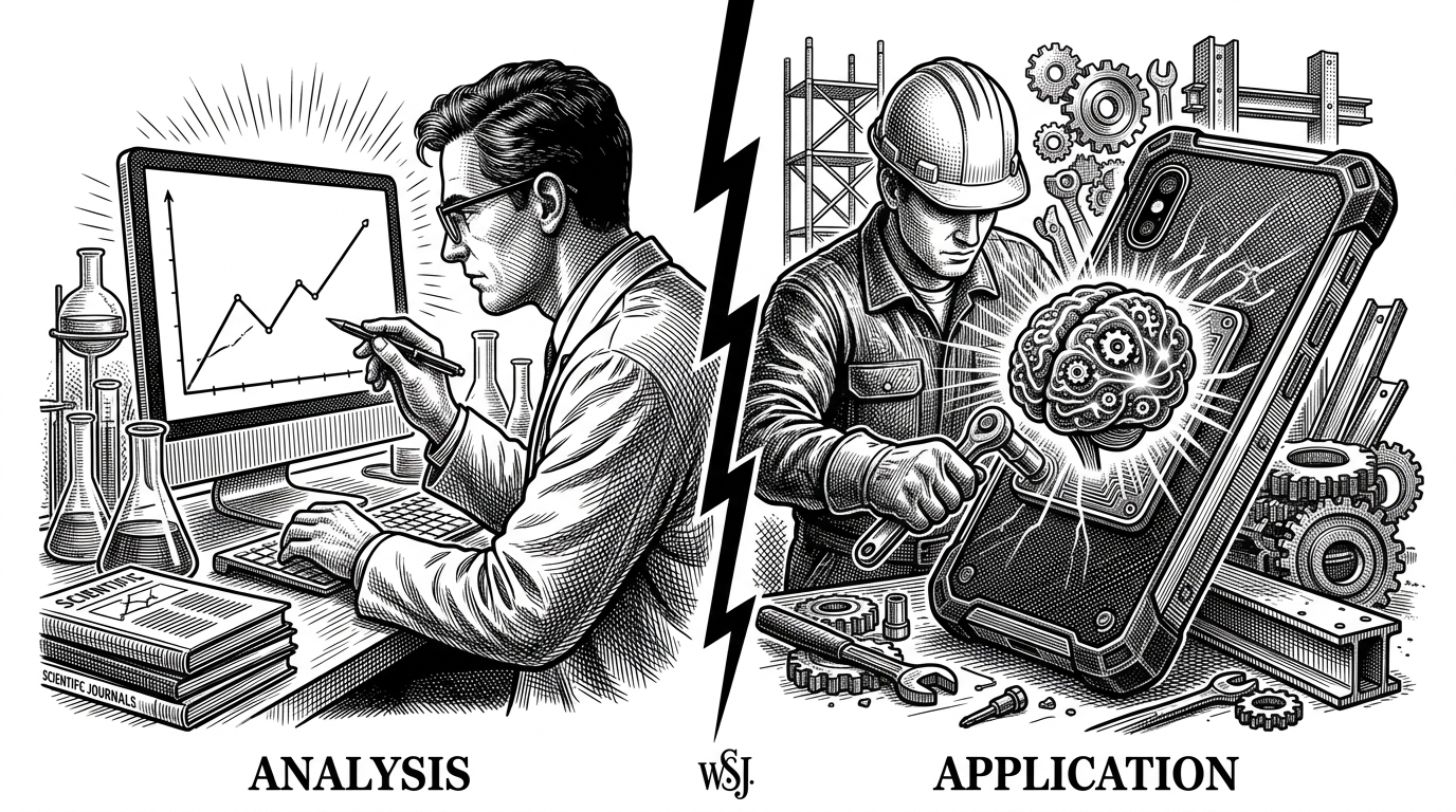 An illustration split into two halves. Left: A scientist looking at a flat graph on a screen. Right: A construction worker bolting a glowing brain into the back of a rugged smartphone.