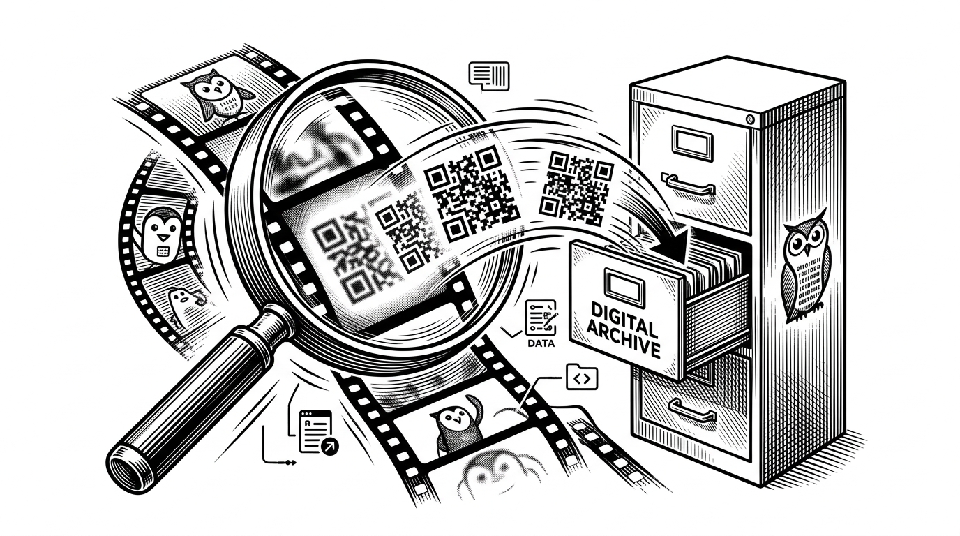 An illustration of a stylized magnifying glass hovering over a film strip. Inside the glass, the blurry frames turn into sharp, glowing QR codes that are being pulled into a filing cabinet.