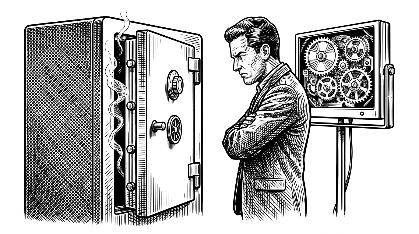 A heavy metal safe with smoke leaking from the edges, while a secondary X-ray lens reveals the internal gears grinding inside.
