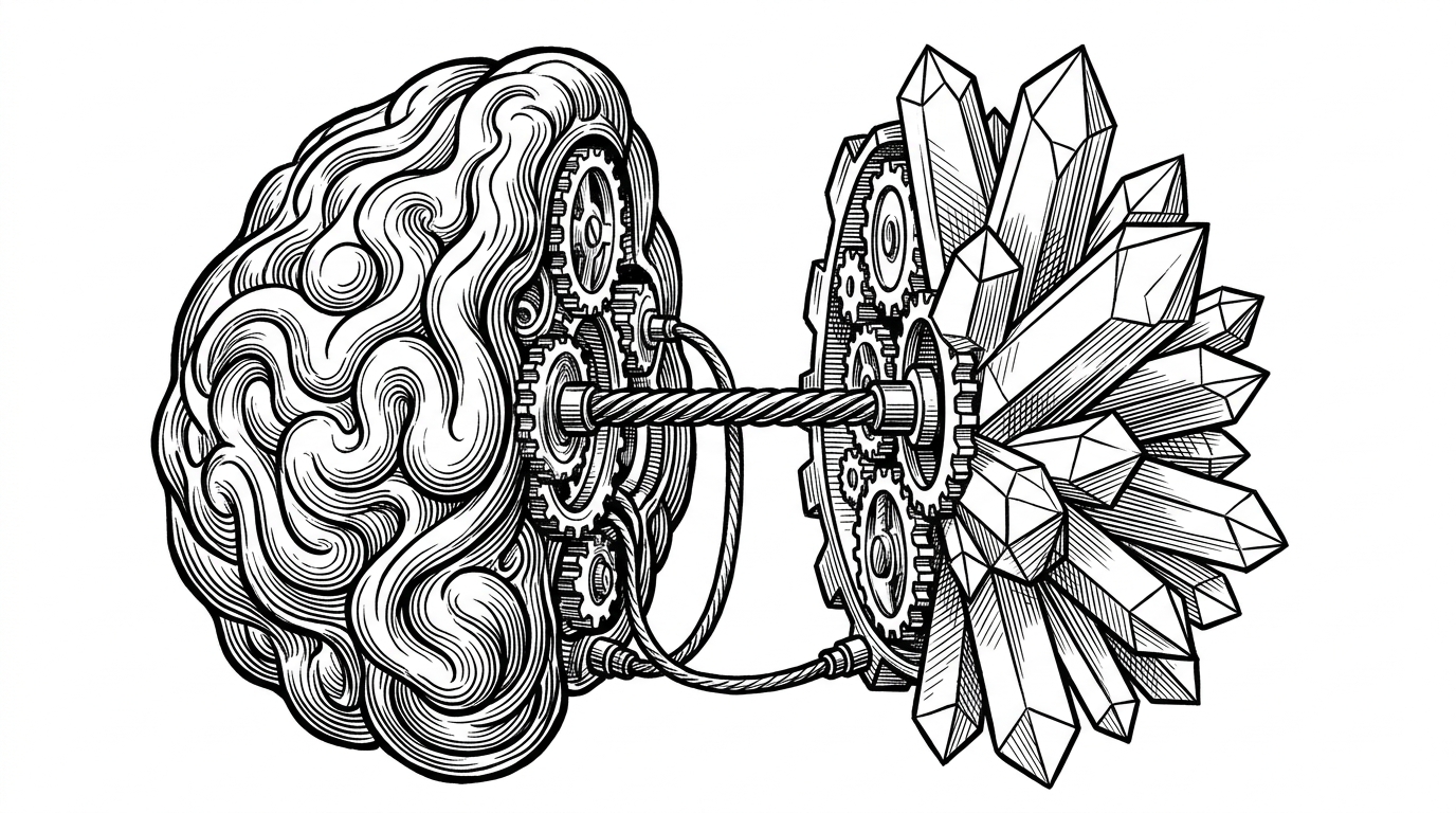 A vintage mechanical clockwork brain split into two distinct halves, one organic and fluid, the other rigid and crystalline, connected by a thick central cable.