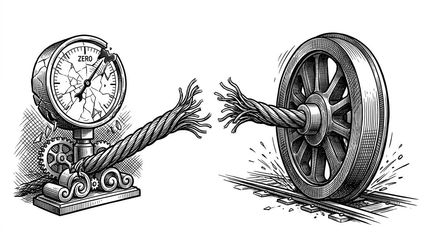 A close-up illustration of a severed structural cable. One side connects to a shattered glass dial, while the other connects to an unstoppable iron locomotive wheel. This illustrates the decoupled nature of the UI and the backend daemon.