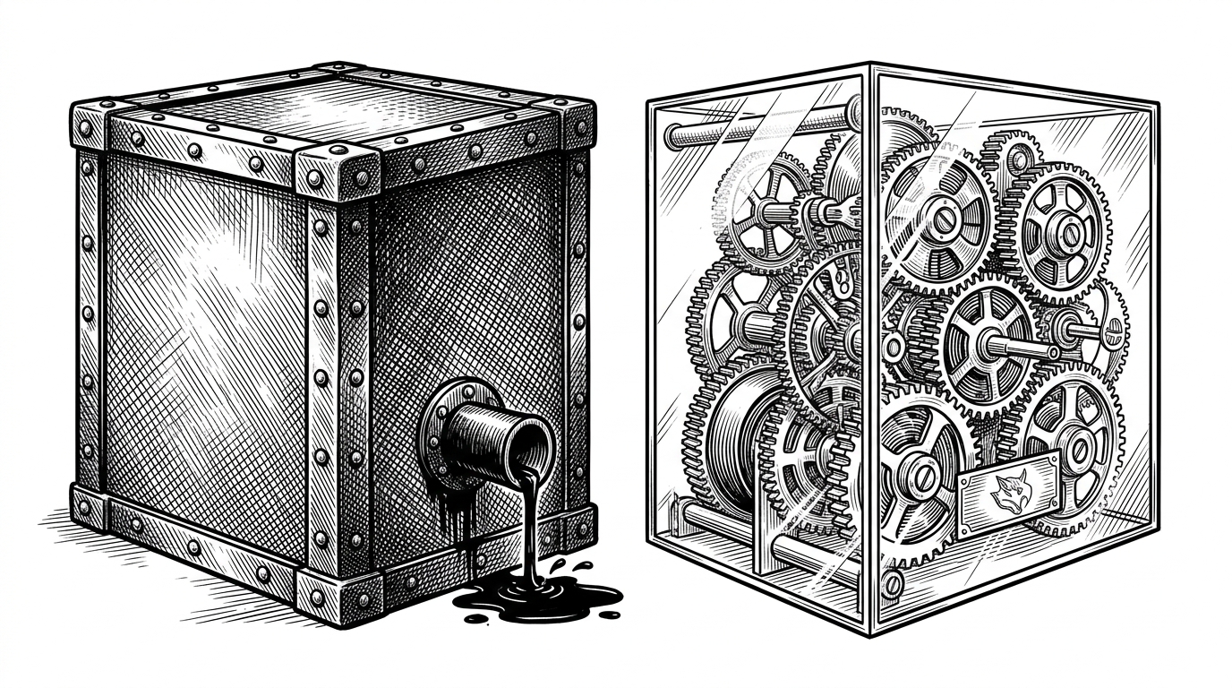 A split illustration showing a sealed iron box leaking oil on the left, and a transparent glass-walled clockwork mechanism on the right. This represents the transition from opaque cron jobs to the fully observable Gearbox architecture.