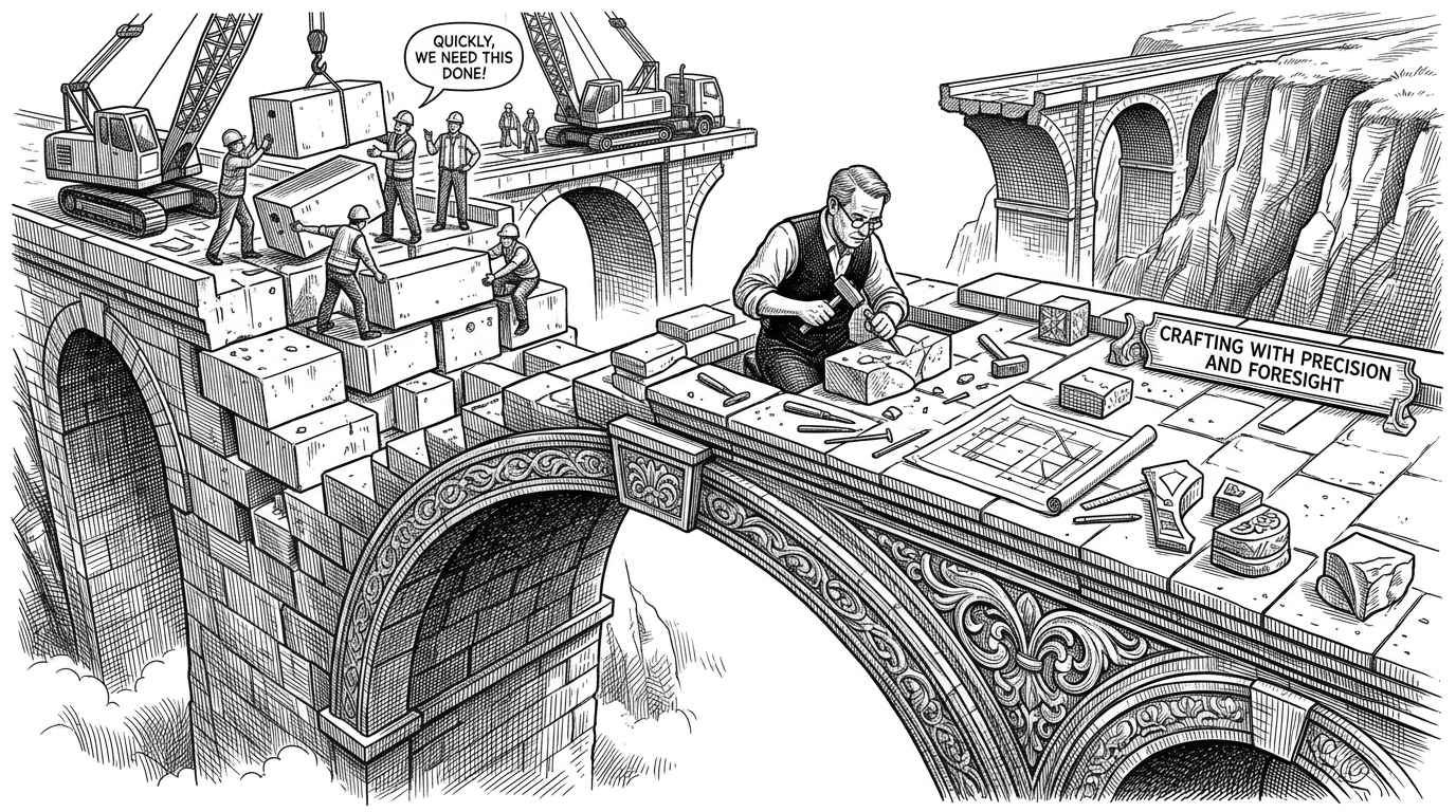 A massive stone bridge being built over a foggy chasm labeled The Black Box. One side uses pre-fab blocks, while an architect in the center hand-carves individual stones.