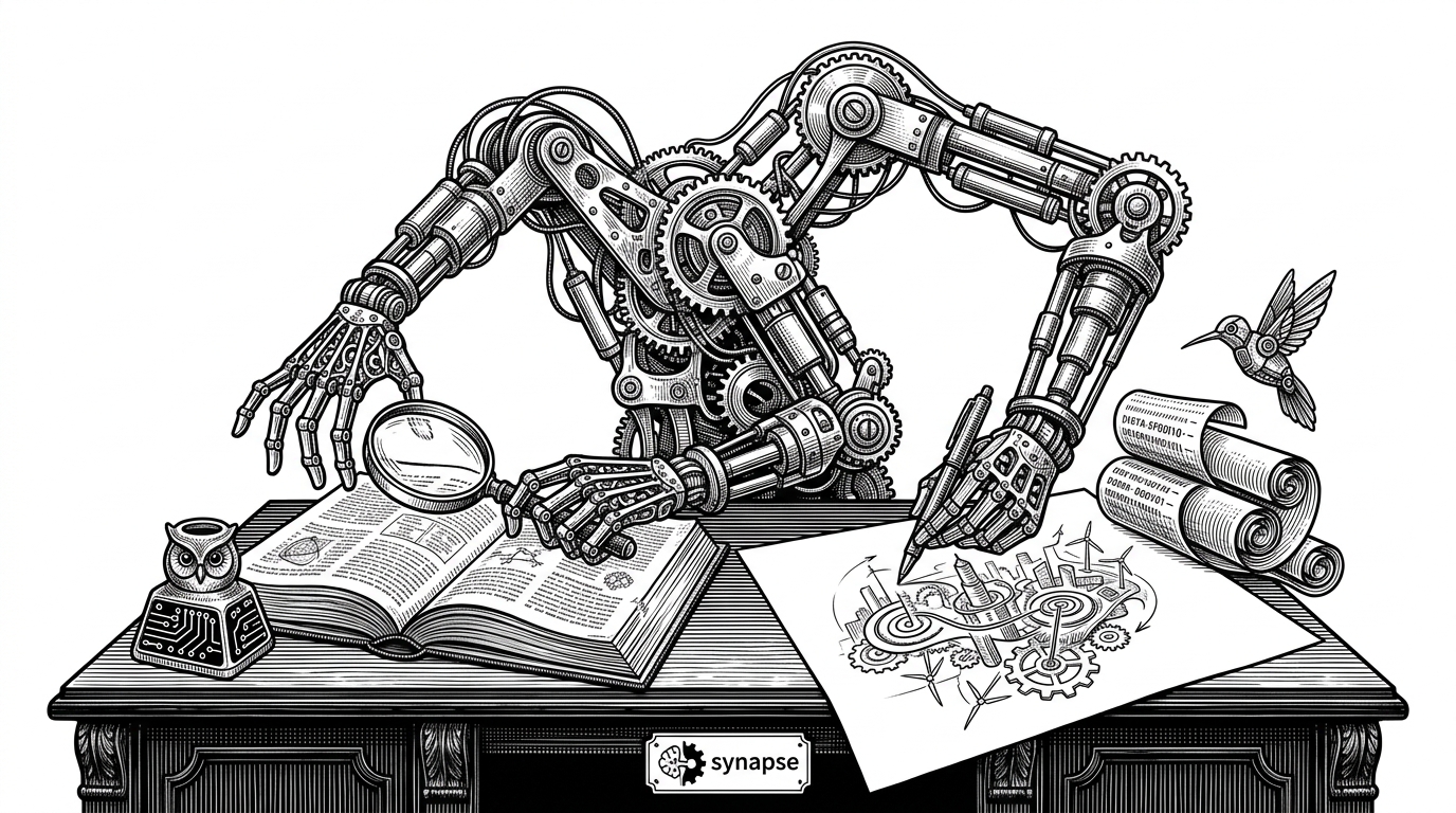 A library where a mechanical hand holds a magnifying glass over a page, while a second hand simultaneously drafts a new blueprint on the desk.