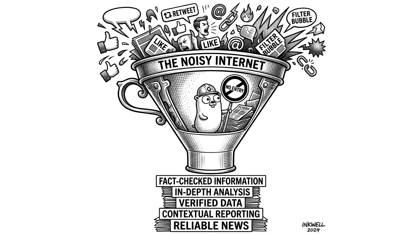 A funnel filtering out noisy internet clutter, leaving only clean headlines.
