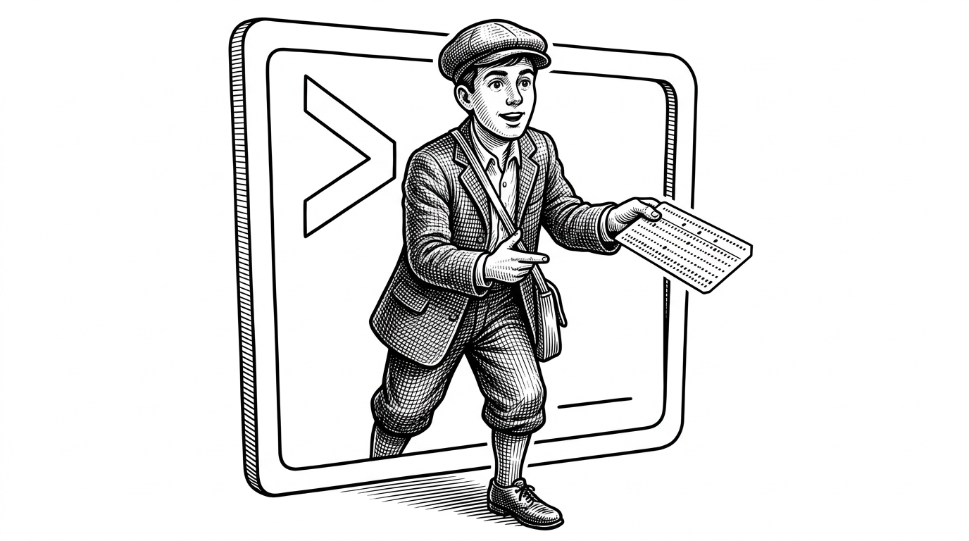 A vintage newsboy standing inside a giant terminal prompt, handing out a punch card.
