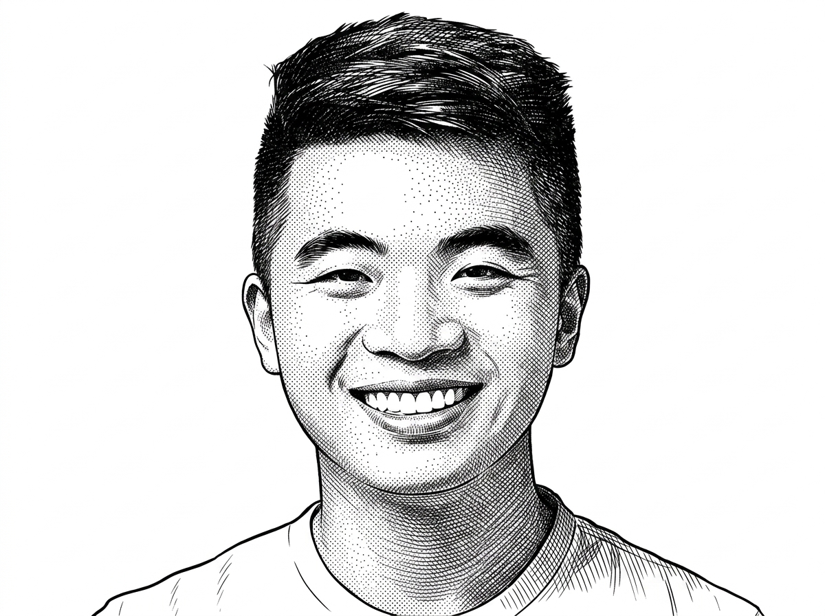 A WSJ-style hedcut portrait of Daniel Y. Fu, preserving his likeness from his GitHub avatar. The portrait supports the historical and research context around the original FlashAttention work.
