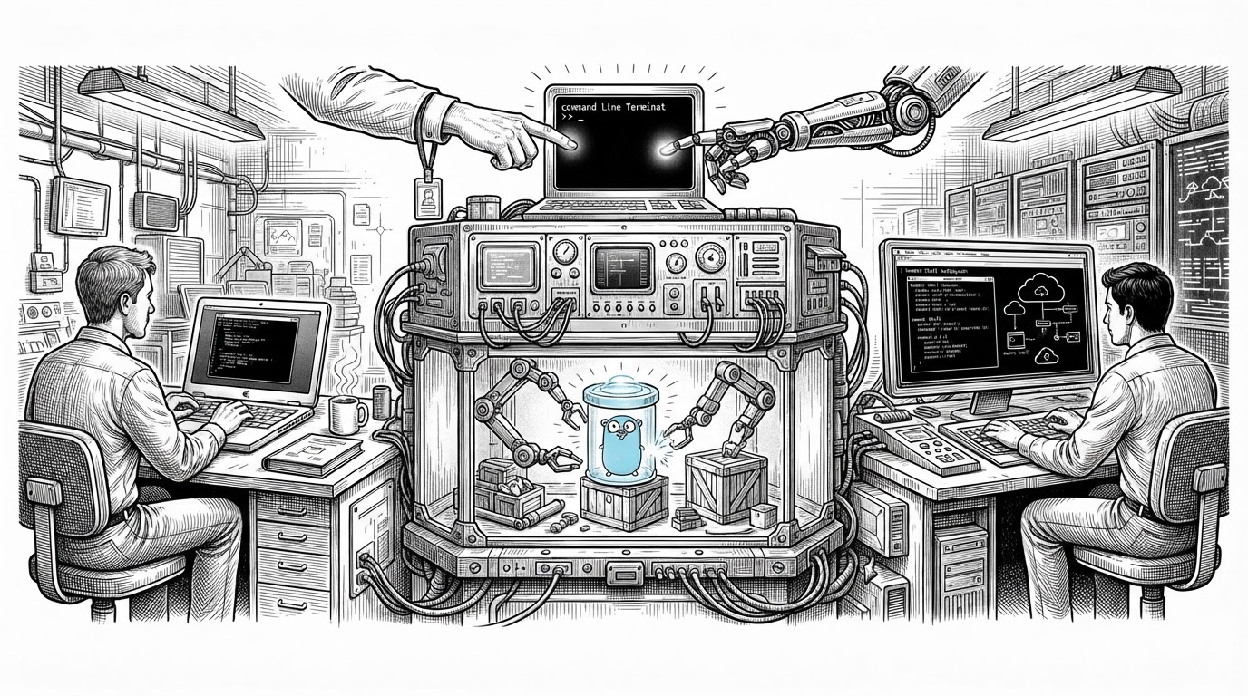 A wide control-room scene with a Mac laptop on the left, a container build chamber in the center, and a cloud workspace screen on the right. Two operator badges, one human hand and one mechanical hand, feed into a single command line to show that the same environment must serve both people and AI agents.