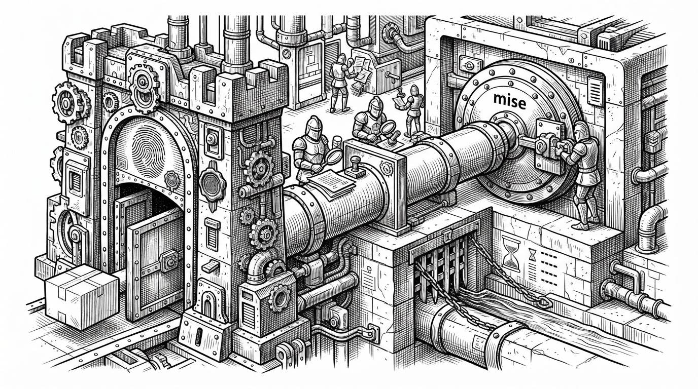 A close-up pipeline where a package passes through a fingerprint gate, then an attestation checkpoint, before being locked into a vault labeled mise. A narrow side channel shows a quarantined release path waiting before entry, emphasizing trust and delayed adoption.