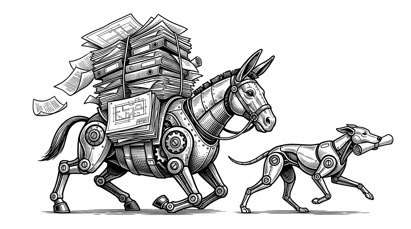 A heavily encumbered mechanical pack mule collapsing under blueprints next to a sleek, unburdened mechanical hound sprinting with a single scroll. This visualizes the burden of 'god context' versus the agility of a stateless, single-task agent.