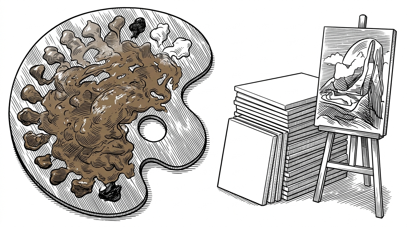 A split composition showing a massive wooden painter's palette mixed into unusable brown sludge on the left, and a neat stack of pristine blank white canvases on the right. This depicts Context Pollution versus the Destroy the Canvas philosophy.