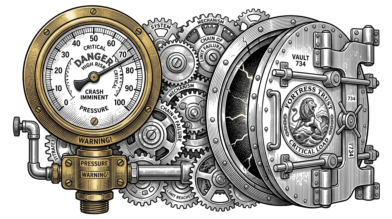 A close-up of a brass analog pressure gauge with the needle pinned in the red zone, pushing open a heavy vault door via interlocking gears. This represents the Gradient system unlocking complex tasks after a success streak.