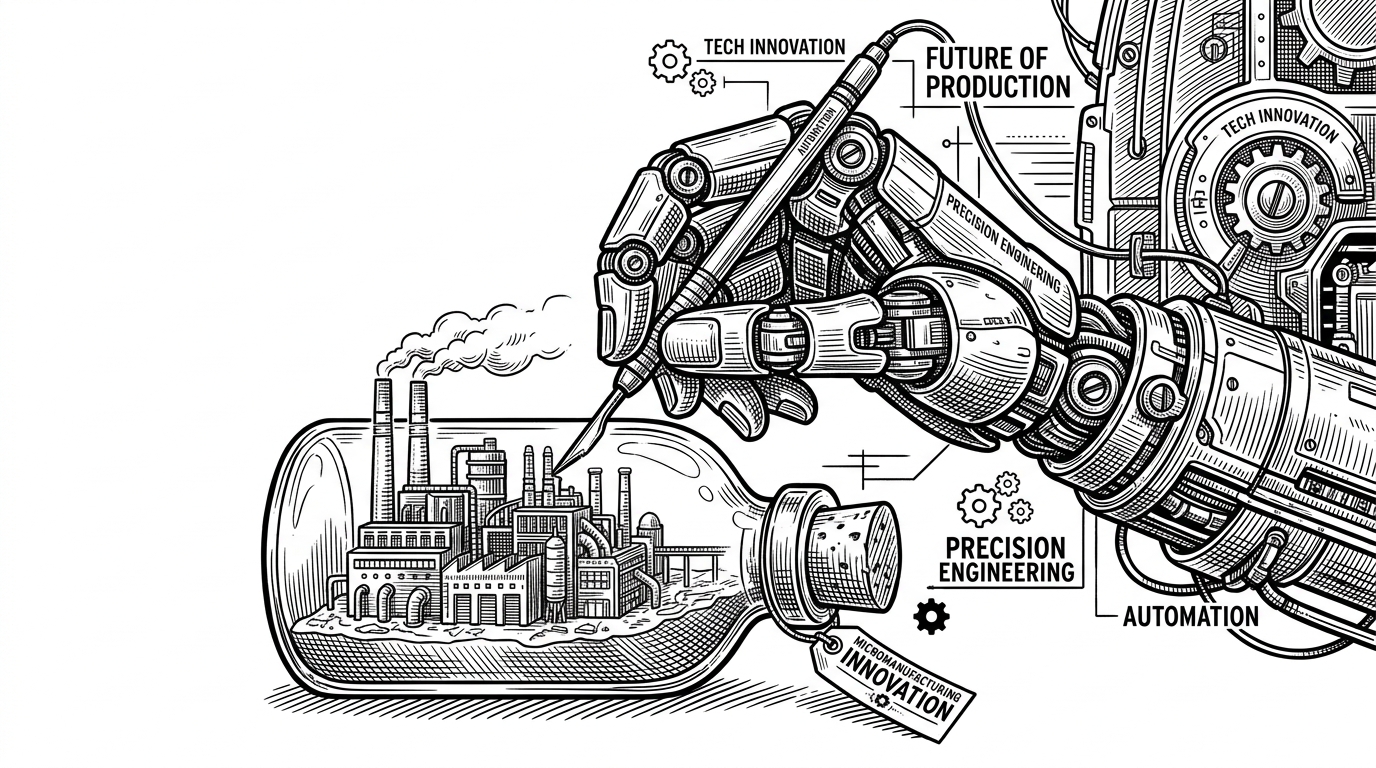 A mechanical robotic hand meticulously carving a miniature replica of a complex factory building inside a small sealed glass bottle.