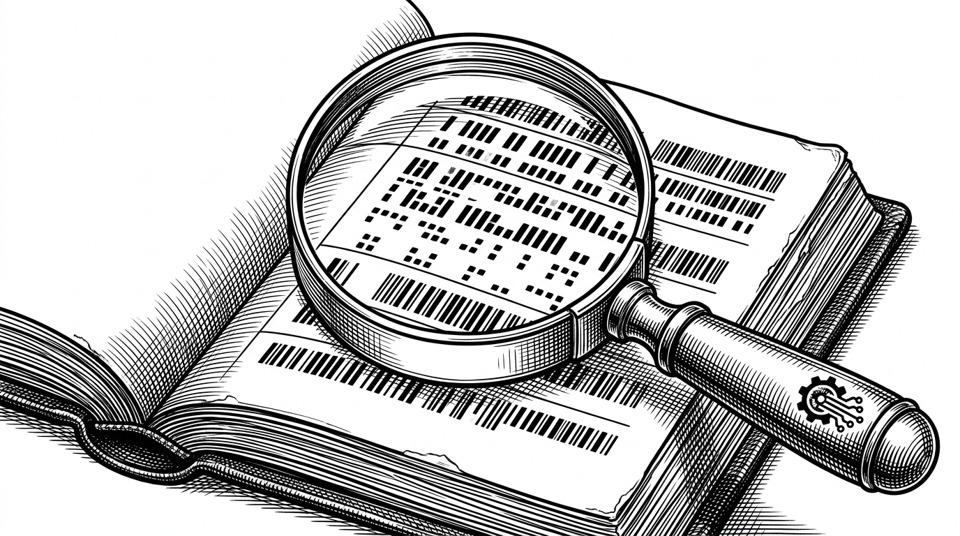 A close up of a heavy brass magnifying glass focused on an open ledger book where the entries are mechanical punch card patterns.