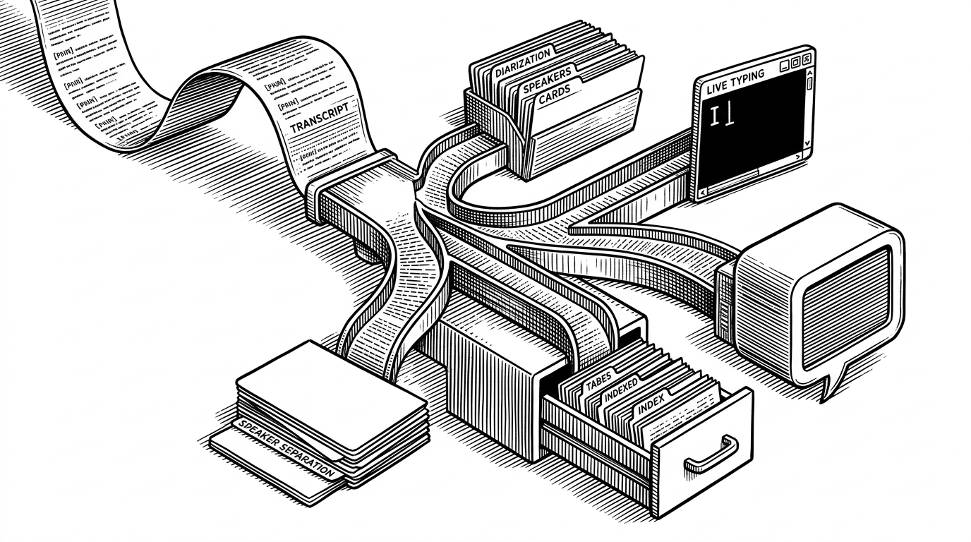 A close-up split composition shows one transcript flowing into several narrow channels. One branch feeds diarization, another feeds live typing, another drops into notebook storage, and a fourth routes into a chat layer. It explains that TranscriptionSuite turns a single audio source into multiple local workflows.