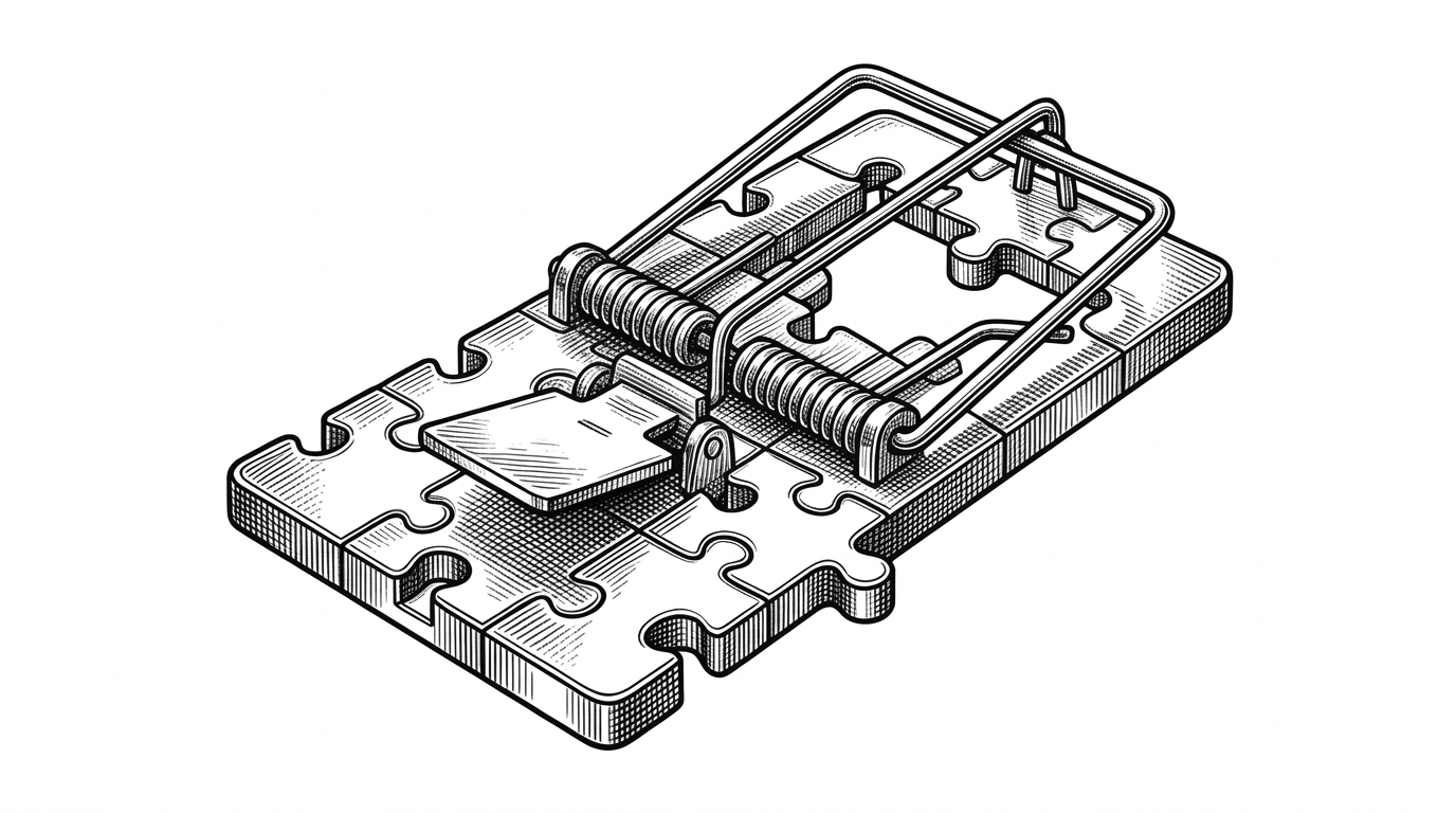 A pristine, mechanical mousetrap constructed from highly polished metal puzzle pieces resting on a blank surface. It represents the ephemeral, zero-dependency nature of Zphisher's architecture.