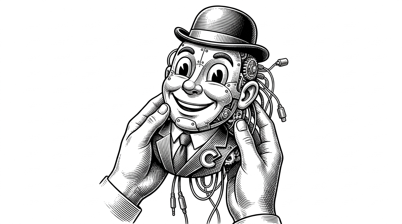 A pair of hands holding up a highly realistic, mechanical mask of a corporate mascot. It represents the technique of lifting actual production telemetry scripts to bypass security scanners.