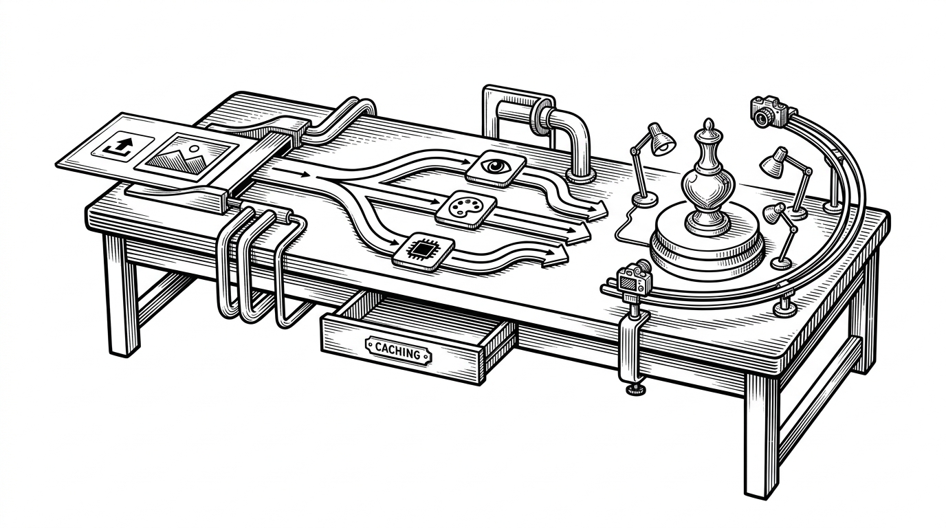 A wide studio workbench where an uploaded image enters from the left, splits into multiple provider routes above a cache drawer, and exits as a polished 3D object on a lit pedestal to the right. The scene explains that 3DCellForge is not just a generator, but a pipeline for routing, persistence, and presentation.