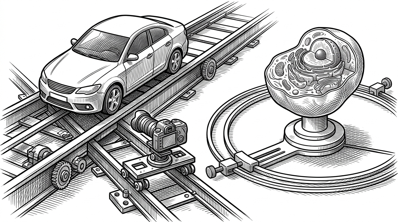 A close-up of two different camera rigs around 3D objects, one tuned for a car with a low push-in path and one tuned for an organic cell-like form with a softer orbit path. The visual explains that the viewer changes its motion and framing based on the object being shown.