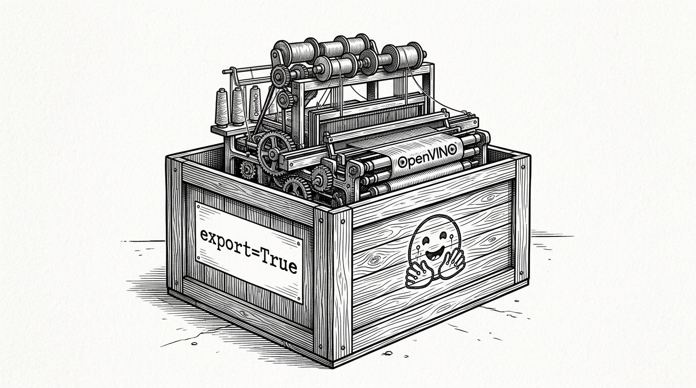 A massive industrial loom hidden inside a simple wooden delivery crate, symbolizing the complex OpenVINO compiler abstracted by the Hugging Face API.