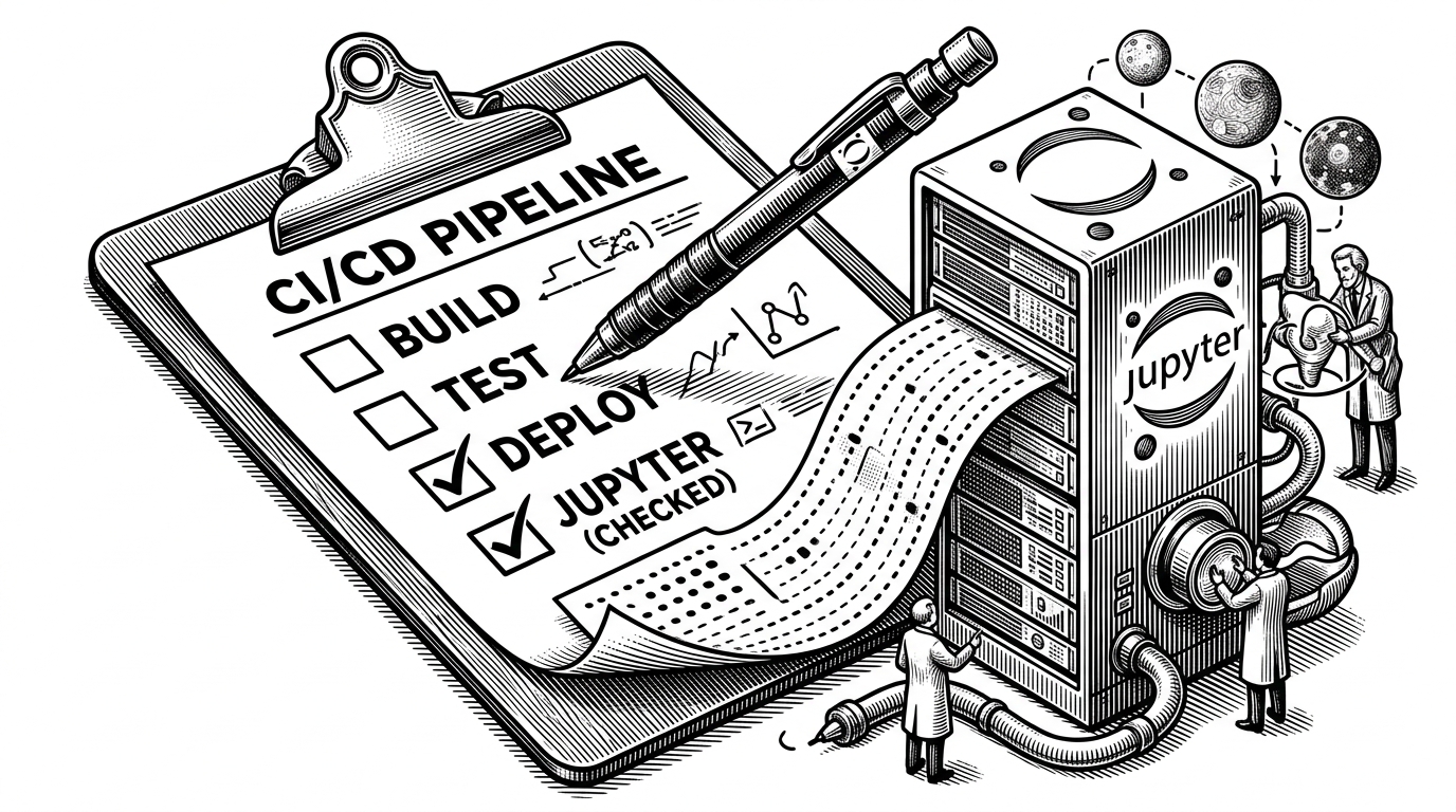 A clipboard holding a checklist, representing the CI/CD pipeline, where a mechanical pencil checks off a box labeled 'Jupyter'. The paper seamlessly transitions into a punched card feeding into a server rack.