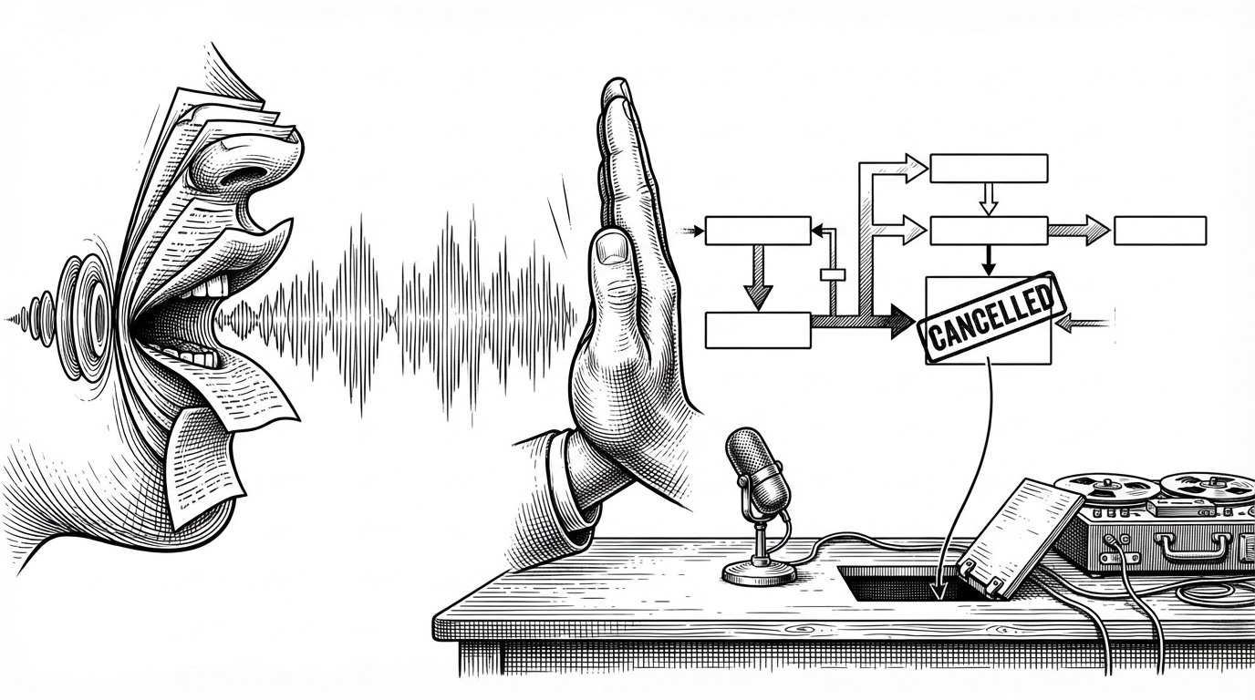 A voice assistant is cut off mid-response by a raised human hand while its output is rerouted through a visible cancellation path. The image explains that the real challenge in voice agents is not only generating speech, but stopping useless speech before it reaches the user.