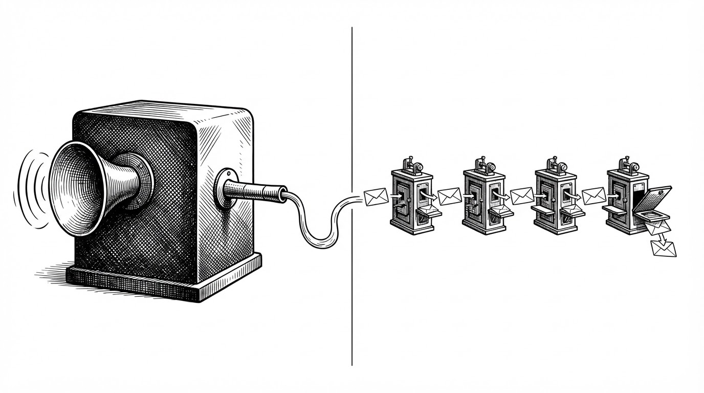 A split scene contrasts a sealed monolithic speech machine on one side with a relay line of modular stations on the other. The left side looks rigid and delayed, while the right side shows separate handoffs and a side exit for cancelled work, explaining the advantage of a modular voice stack.
