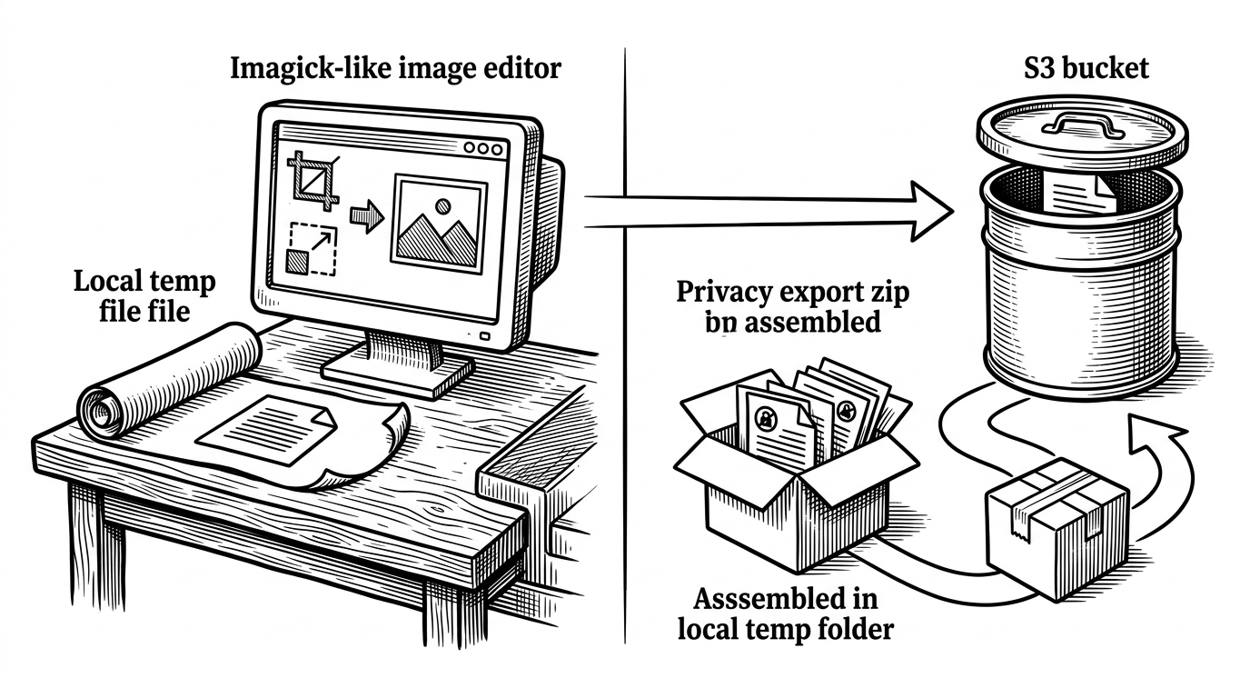 A medium-distance editorial illustration of a local temp file, an image editor, and an S3 bucket connected by arrows. A privacy export zip path branches off to a temporary local folder before returning to object storage. It explains why some tools still need local disk even when uploads live on S3.