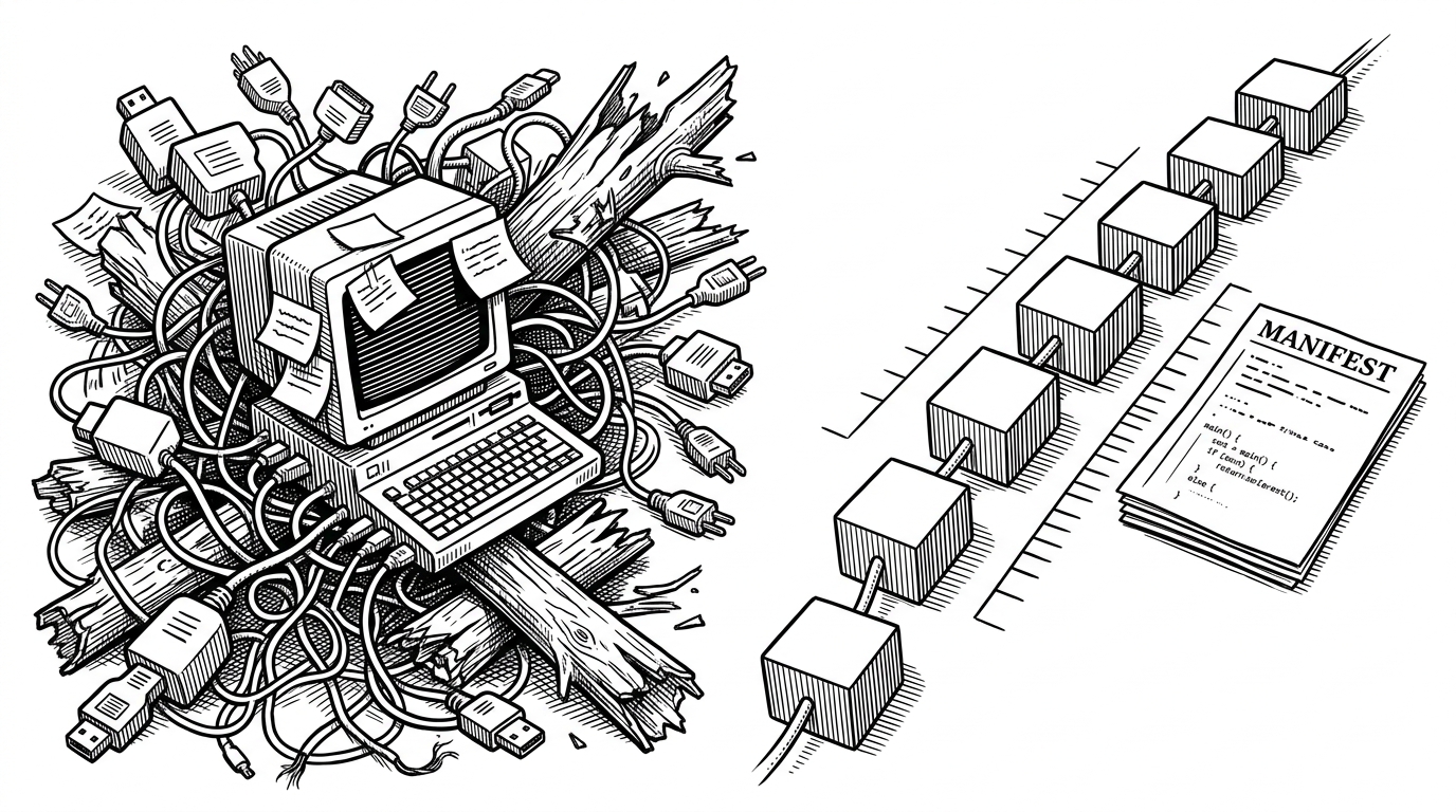 The left side shows a tangled cluster of vendor adapters, sticky notes, and fragmented logs. The right side shows a clean serialized pipeline with typed blocks and a single trace line running through it. The image explains why serialization and inspectability are core design goals, not afterthoughts.