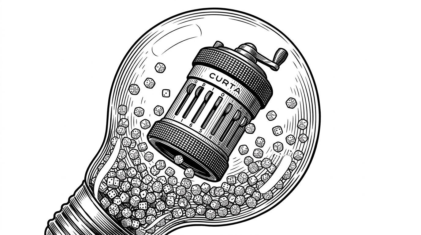 A vintage mechanical calculator floating inside a transparent glass lightbulb, with thousands of tiny dice tumbling around inside it. This represents complex statistical calculations being entirely contained within the lightweight environment of a web browser.