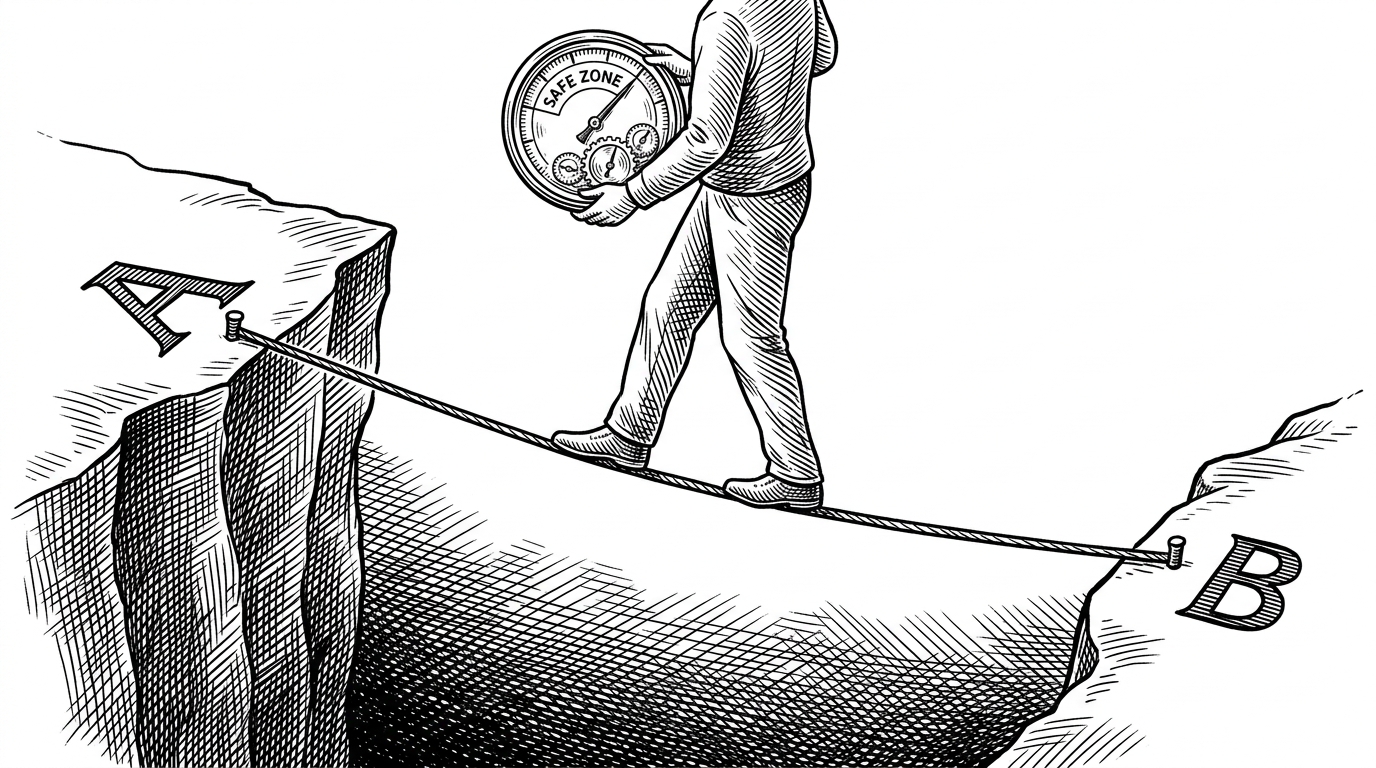A tightrope walker crossing a chasm, holding a glowing gauge labeled 'Expected Loss' instead of a balancing pole. This illustrates the concept of using Bayesian statistics to manage risk rather than merely seeking statistical significance.