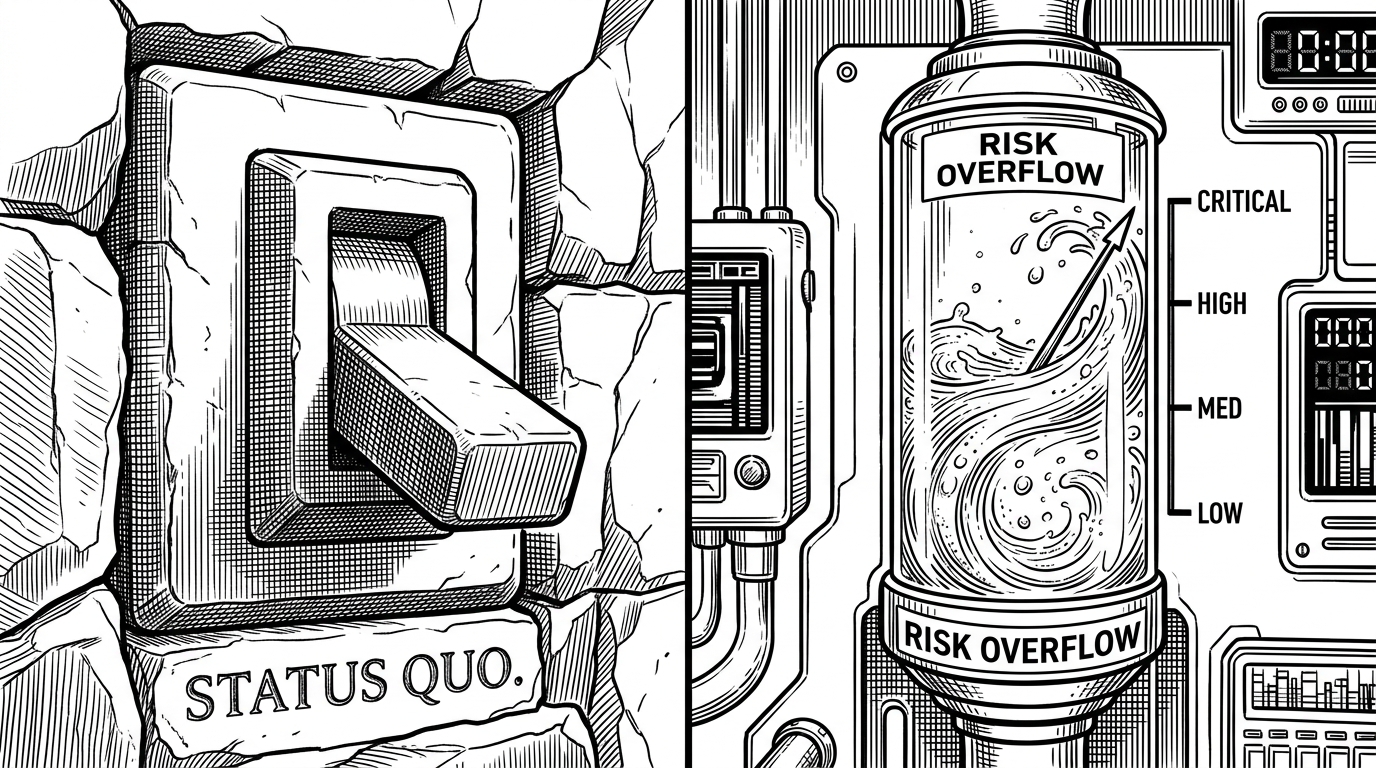 A split illustration showing a rigid stone toggle switch on the left and a fluid, glowing liquid gauge with a risk overflow tank on the right, representing the binary nature of p-values versus the fluid probability of Bayesian methods.