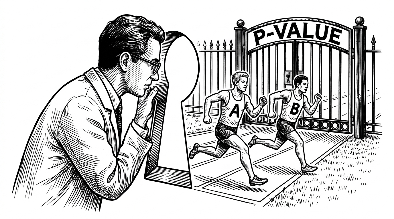 A scientist looks through a keyhole at two runners on a track, but a heavy iron gate labeled P-Value blocks the view of the finish line. This illustrates the fixed sample size constraint of traditional testing.