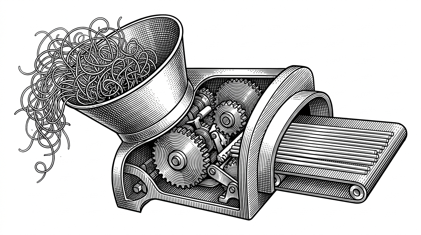 A mechanical sorting machine turning tangled yarn into uniform straight rods.