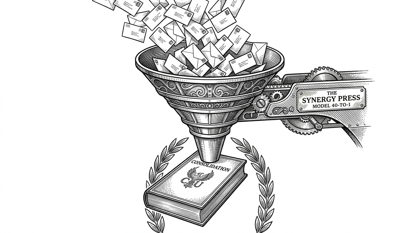 A mechanical sorter funneling many small, flat envelopes into a single bound book.