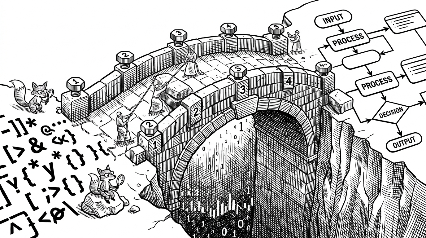 A large stone bridge connecting two cliffs, held together by oversized, numbered bolts.