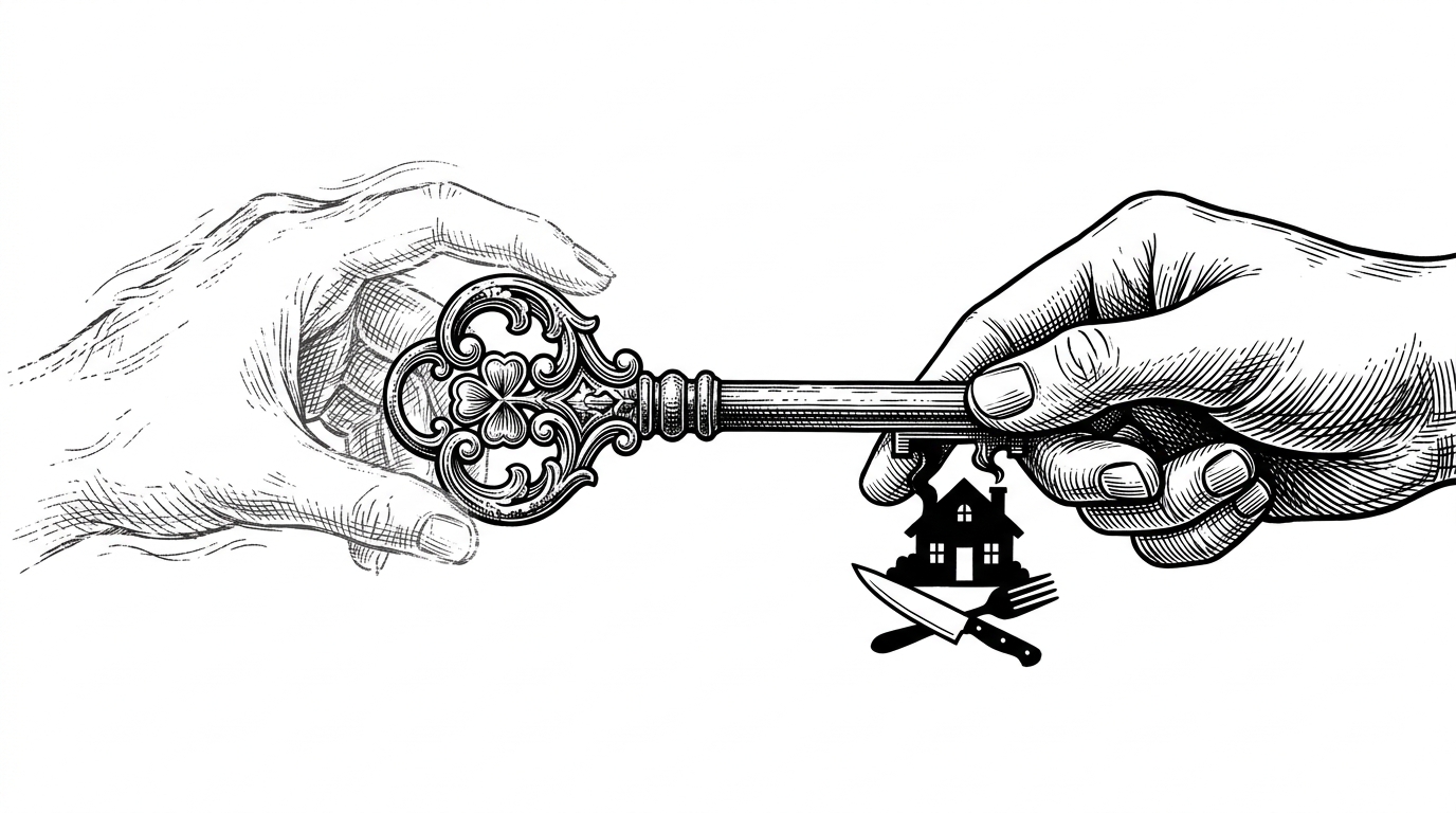 A large ornate skeleton key where the teeth form the silhouette of a house and a chef's knife, being passed from a semi-transparent hand to a solid hand.