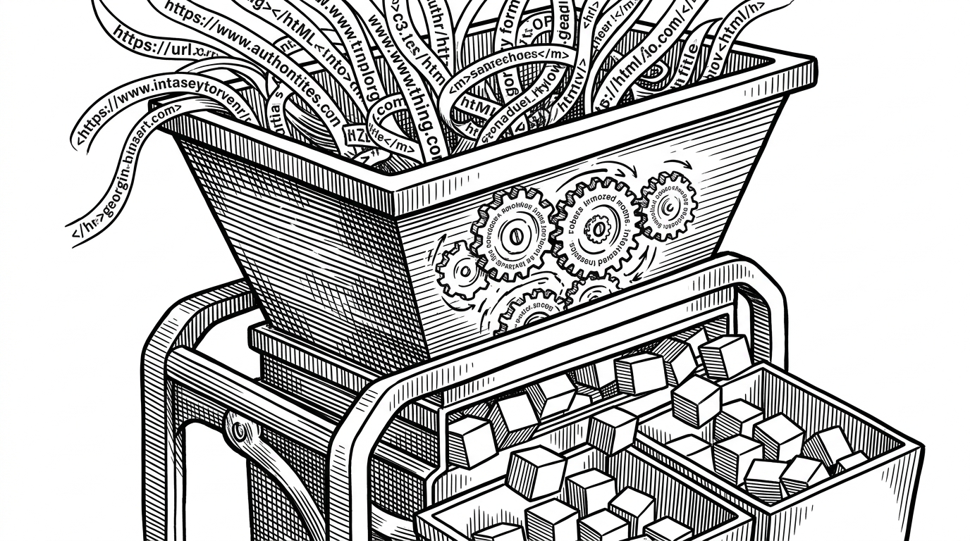 A complex mechanical sieve processing messy strings of text into uniform geometric cubes.