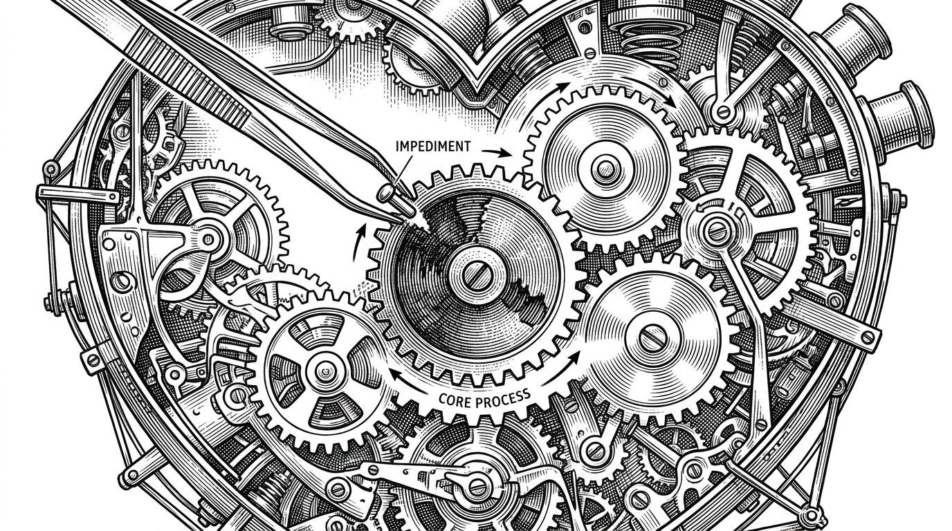 An intricate clockwork mechanism where one gear is jammed. A pair of surgical tweezers reaches in to remove a single pin, allowing the rest of the machine to turn.