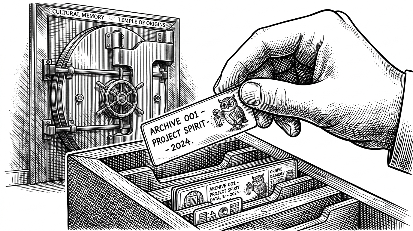 A close-up of a human hand placing a small labeled glass slide into a wooden filing rack, while a massive heavy vault door remains closed in the background.