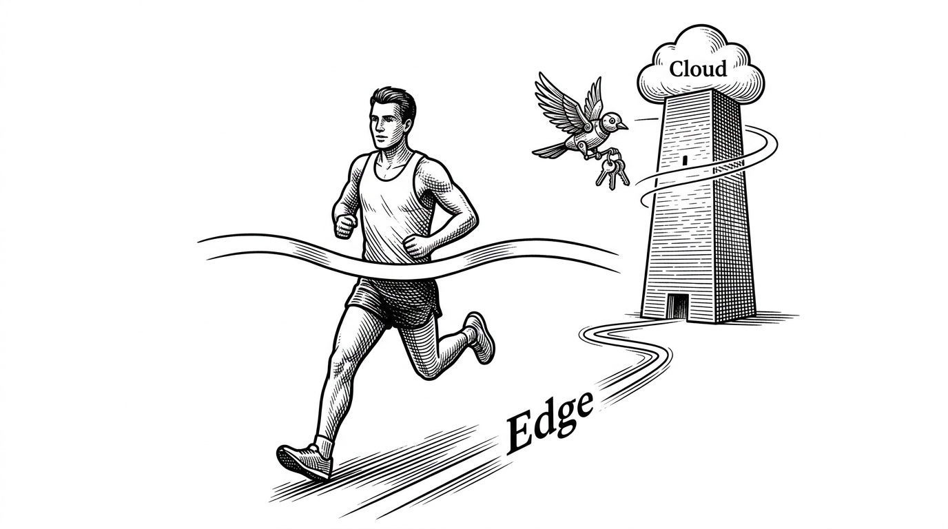 A lone runner crossing an edge boundary, bypassing a monolithic cloud tower.