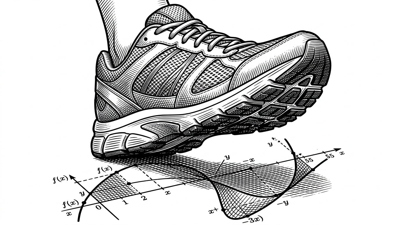 A close-up of a running shoe mid-stride, casting a shadow that forms a complex polynomial curve.
