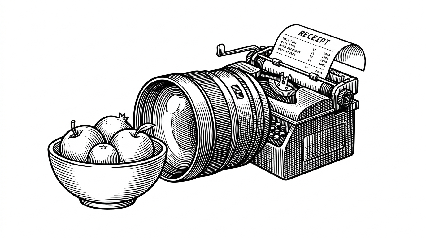 A mechanical eye looking at a bowl of fruit, with a typewriter mechanism striking out a receipt with nutritional facts.