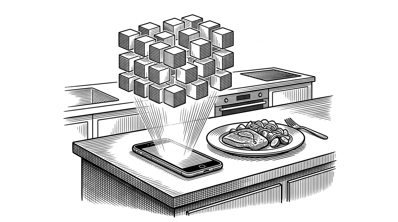 A smartphone casting a beam of light onto a plate of food, with the light instantly shattering into a grid of perfectly organized glowing cubes representing SQL data.