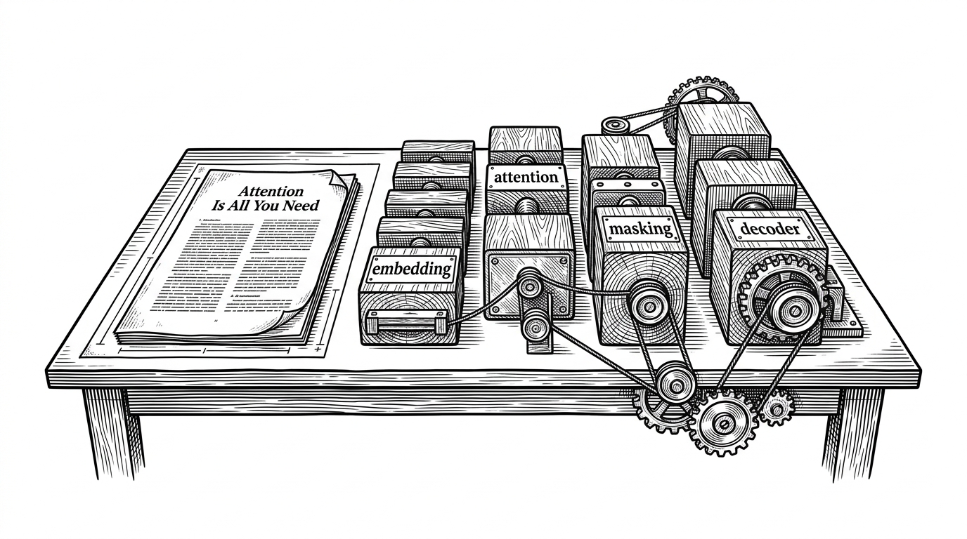 A wide workshop table where a paper blueprint has been turned into a physical machine. Modules for embedding, attention, masking, and decoder sit on the table and connect back to a manuscript labeled Attention Is All You Need. It explains that this repository makes the model legible by mirroring the architecture in code.